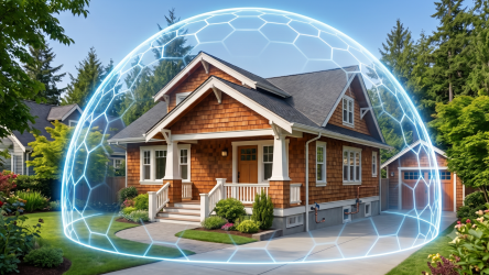 A suburban house and garage are enclosed by a transparent digital shield, symbolizing protection, in a landscaped yard with trees and sunny weather—highlighting the importance of services like Drain Cleaning & Repair to maintain a safe and worry-free home environment. Plumbers in Black Diamond, WA